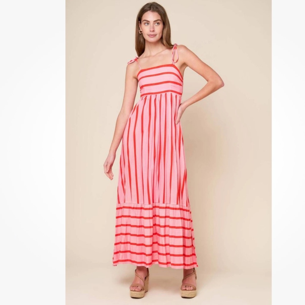 Flying Tomato Pink and Coral Striped Tie-Shoulder Maxi Dress